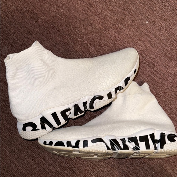 Balenciaga White Sock Sneakers with Black Lettering - Picture 1 of 5